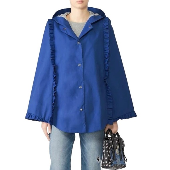 DEBORAH LYONS Blue Ruffled Memphis Cape Coat Hooded Jacket - Sz 6